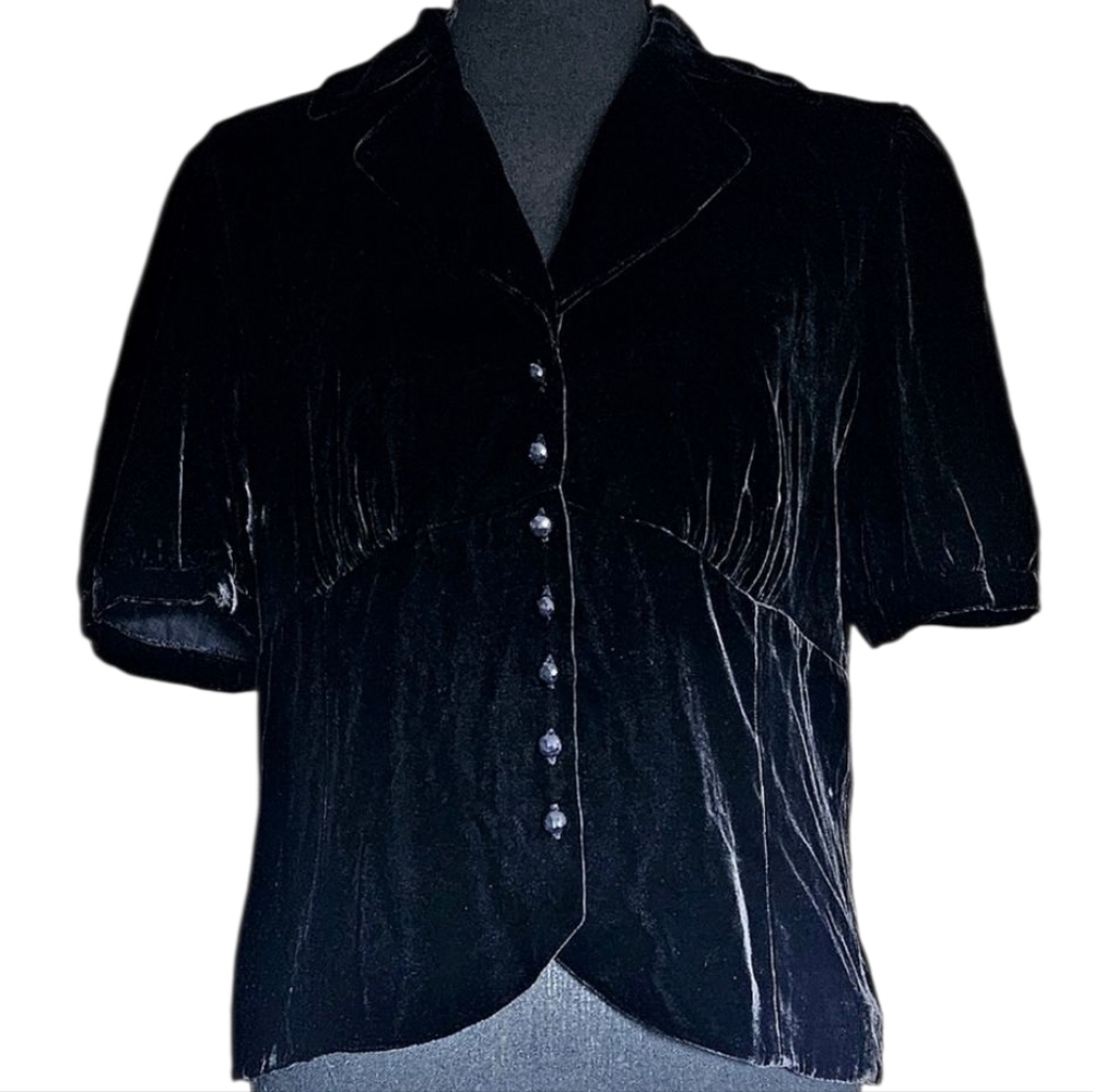 Vintage Talbots Black Velvet Silk Whimsigoth Puffsleeve Buttonup Blouse Sz 14